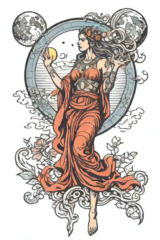 Wisdom Goddess Full Body Standing Front Facing Raised Hand Powerful Sexy Full Moon Rising Colorful