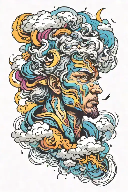 Male Storm God With Clouds And Lightning Overhead Symboliozing Power Colorful Majestic Rebirth