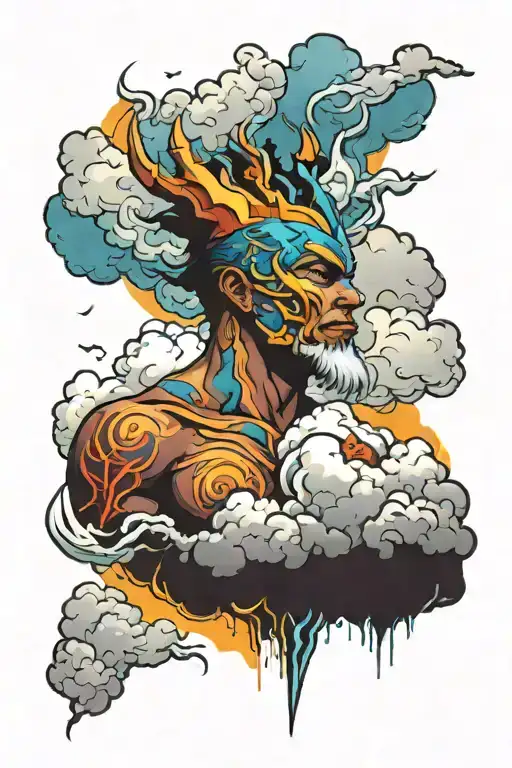 Male Storm God With Clouds And Lightning Overhead Symboliozing Power Colorful Majestic Rebirth