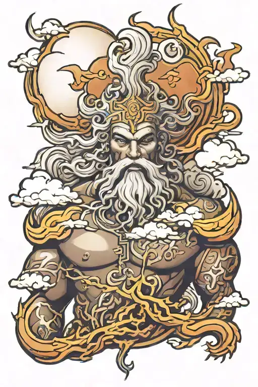 Male Storm God With Clouds And Lightning Overhead Symboliozing Power Majestic Rebirth