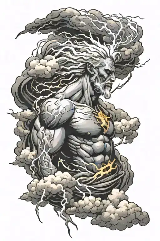 Male Storm God With Clouds And Lightning Overhead Symboliozing Power Majestic Rebirth