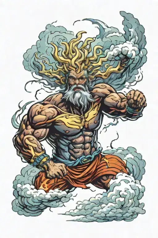 Male Storm God With Clouds And Lightning Overhead Symboliozing Power Majestic Rebirth