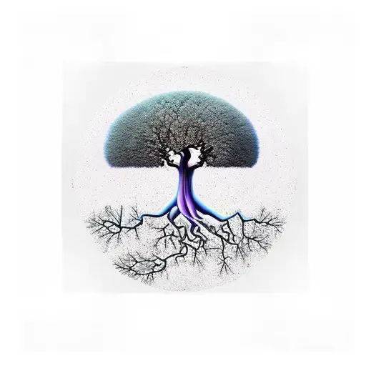 Magic Tree Growing From Palm Simbolising Life And Death Horses Birds Around