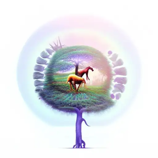 Magic Tree Growing From Palm Simbolising Life And Death Horses Birds Around