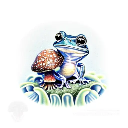 Big Eyed Frog On A Mushroom With Ferns And Crystals