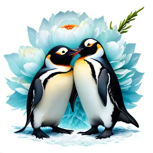 Pair Penguins In Love Under Long Stem Peony On Iceberg