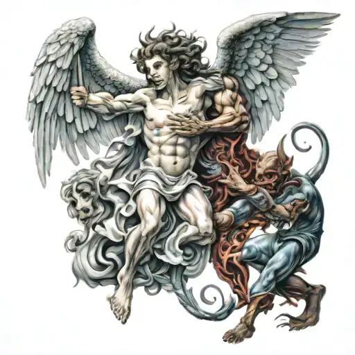 Angel And Devil Fighting A Monster Emerging