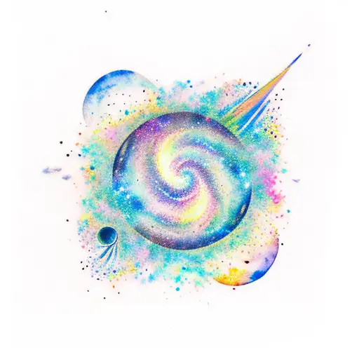 A Watercolor Tattoo Of A Galaxy With Swirling Planets And Constellations
