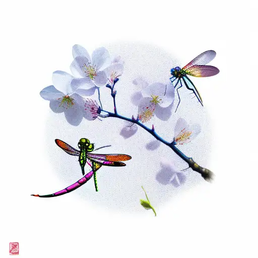Dragonfly And Butterfly On Cherry Blossom Branch