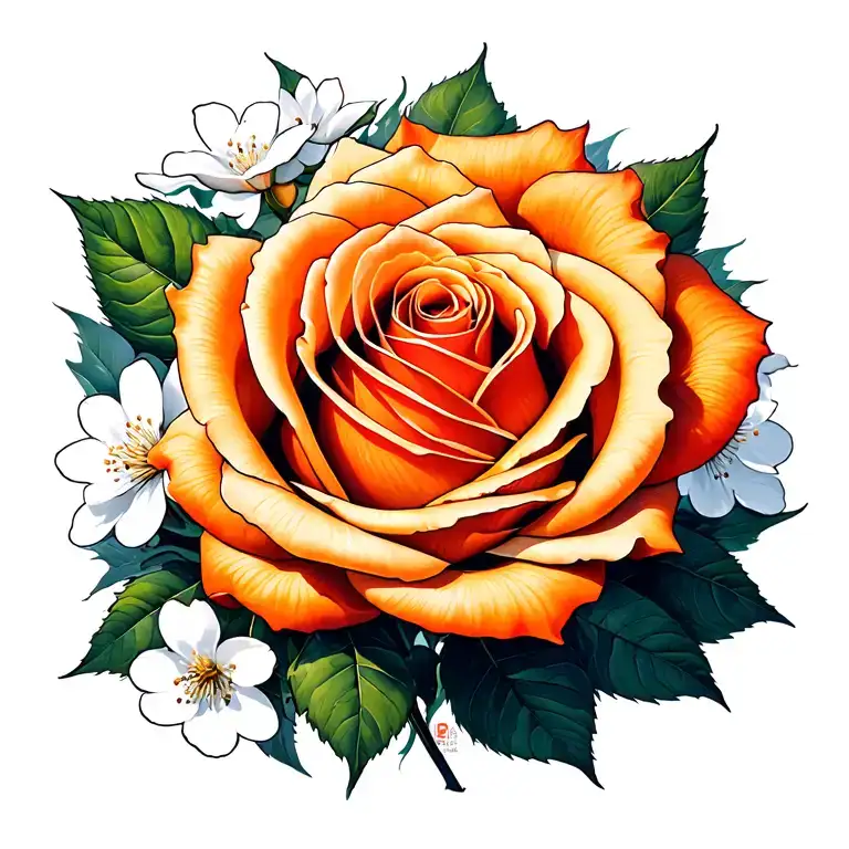 Closed Orange Rose With White Cherry Blossom