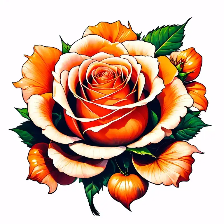 Closed Orange Rose With White Cherry Blossom