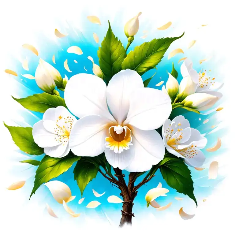 White Cattleya With White Cherry Blossom Petals Falling