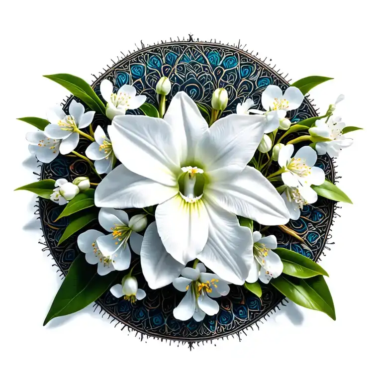 Mandala Of White Cattleya With White Cherry Blossoms