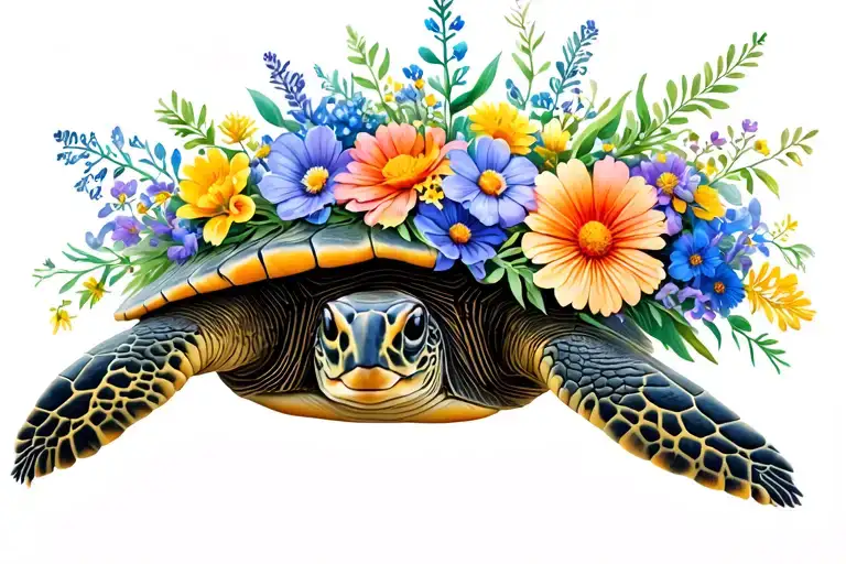 Sea Turtle With Bouquet Of Wild Flowers