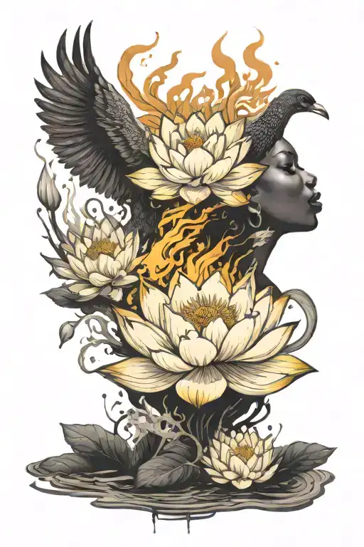 Bloomed Lotus Flower With Phoenix Rising From Ashes Of A Silhouette Black Girl