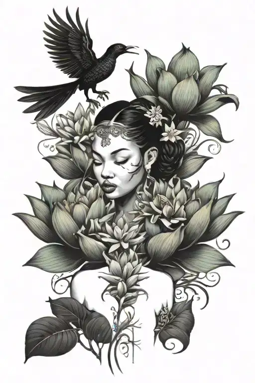 Bloomed Lotus Flower With Phoenix Above A Silhouette Black Girl