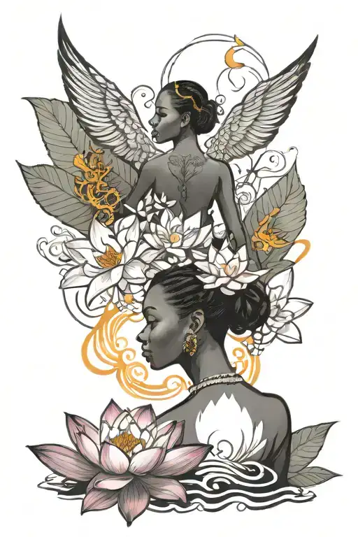 Bloomed Lotus Flower With Phoenix Flying Out Of A Silhouette Black Girl