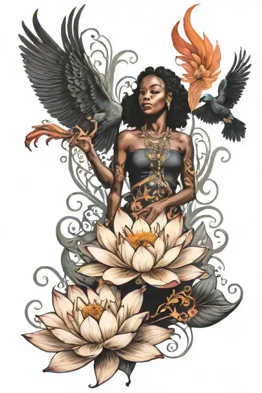 Bloomed Lotus Flower And Silhouette Black Girl With Phoenix Rising From Ashes