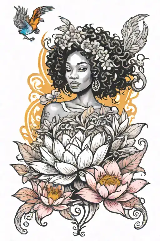 Bloomed Lotus Flower And Black Girl Silhouette With Phoenix Rising From Ashes