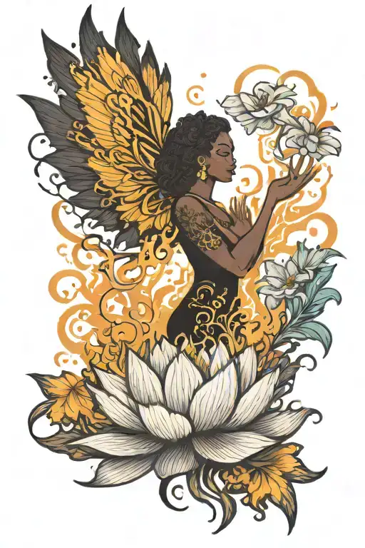 Bloomed Lotus Flower Small Black Girl Silhouette Phoenix Rising From Ashes