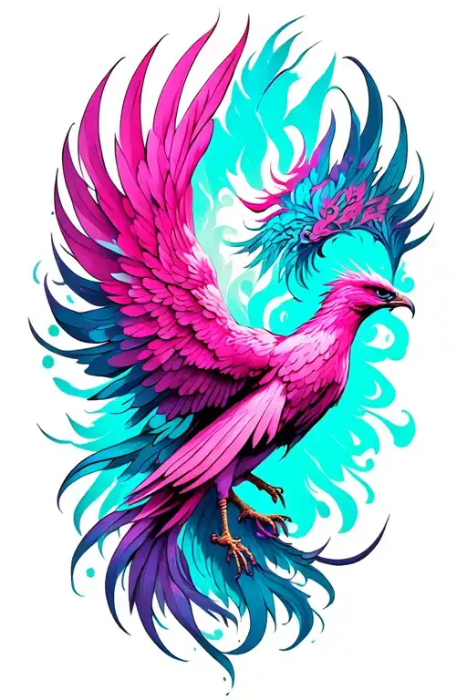 Very Feminine Phoenix Rising With Hot Pink And Turquoise Fading Into Each Other