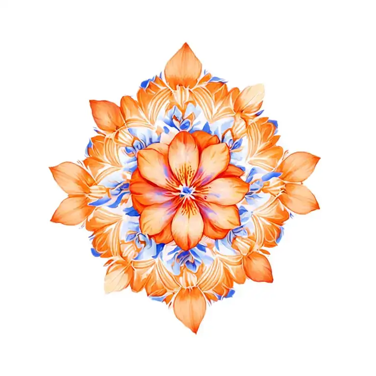 Orange And Blue Floral Mandala Design Incorporating Orchids