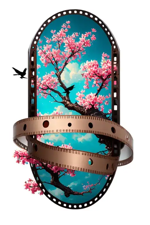 Film Reel Wrapped Around A Flowering Tree With Birds
