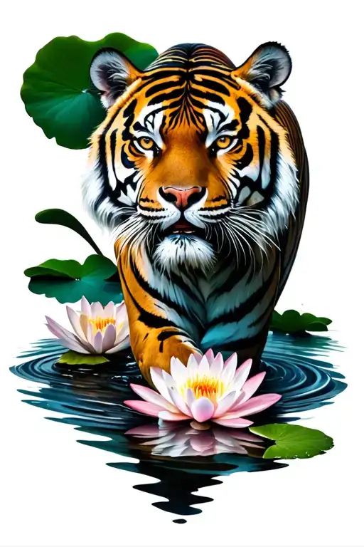 Tiger Walking Out Of Water Lily