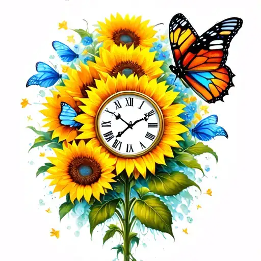 Sunflower & Butterflies & Grand Father Clock Surrounded