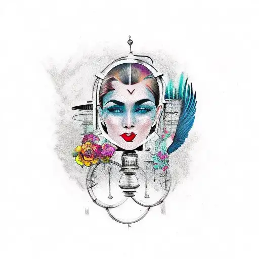 Tattoo Design Of A Woman's Head In A Vintage Bird Cage