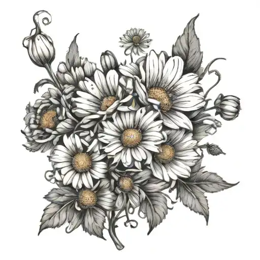Daisy And Poppy Flower Bouquet Fine Line