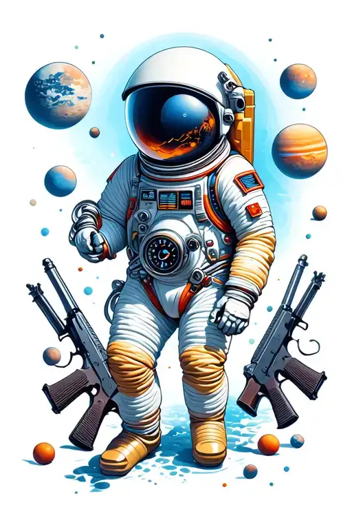 Astronaut Surrounded By Planets Car Boost Gauge Turbocharger And Guns And Ammo Laying Around