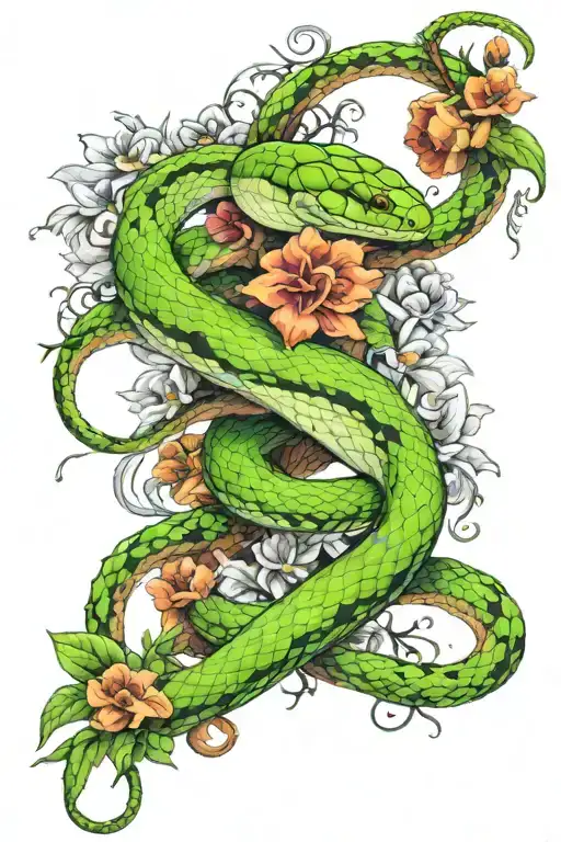 Green Snake And Dead Flowers Intertwined