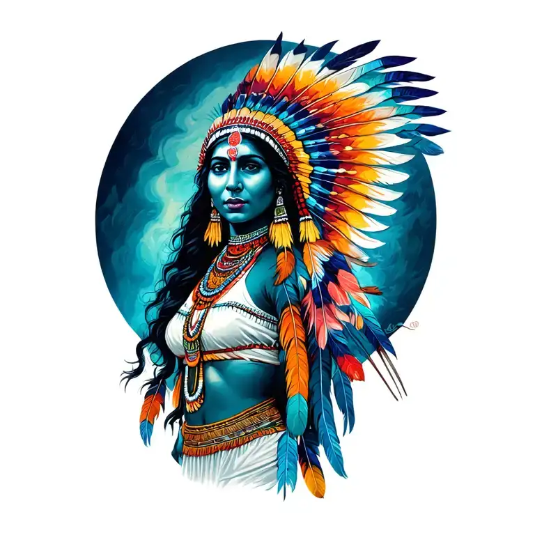 Indian Woman Standing With Feathers Soaring