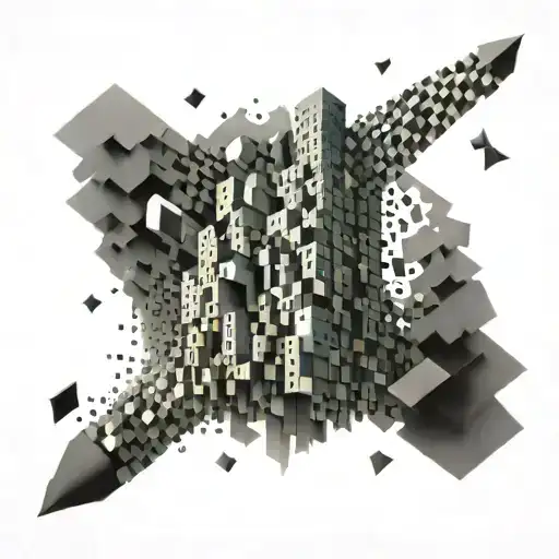 Abstract Tattoo Depicting A Floating Tower Made Of Lots Of Small Squares That Collapses Downward