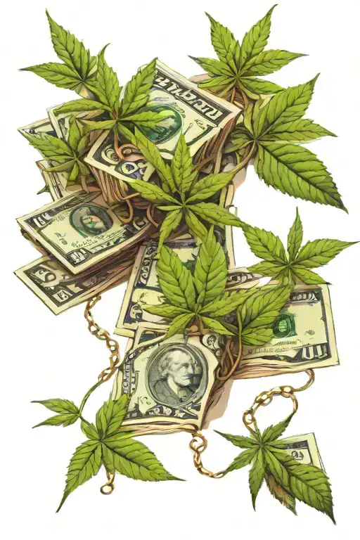Money And Cannabis Leaf Intertwined