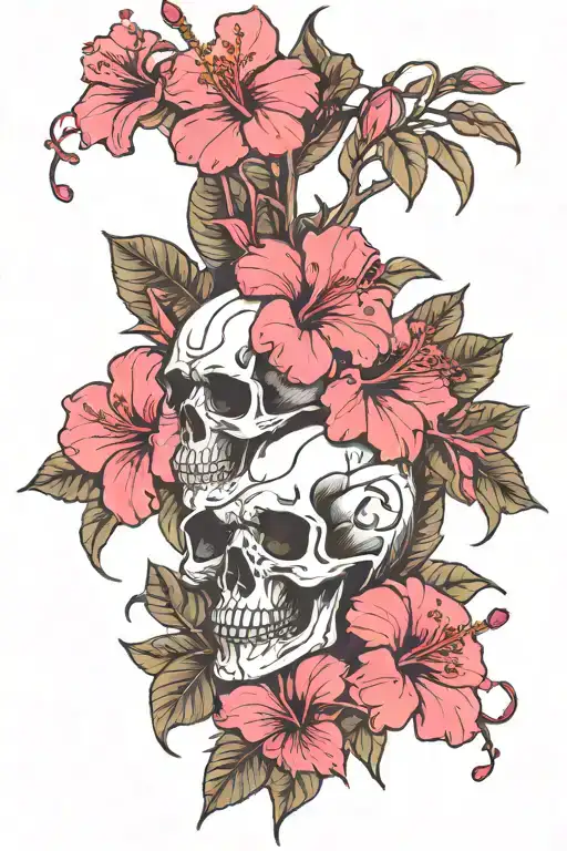 Gothic Pink Lines With Skulls And Hibiscus Flowers Intertwined With It