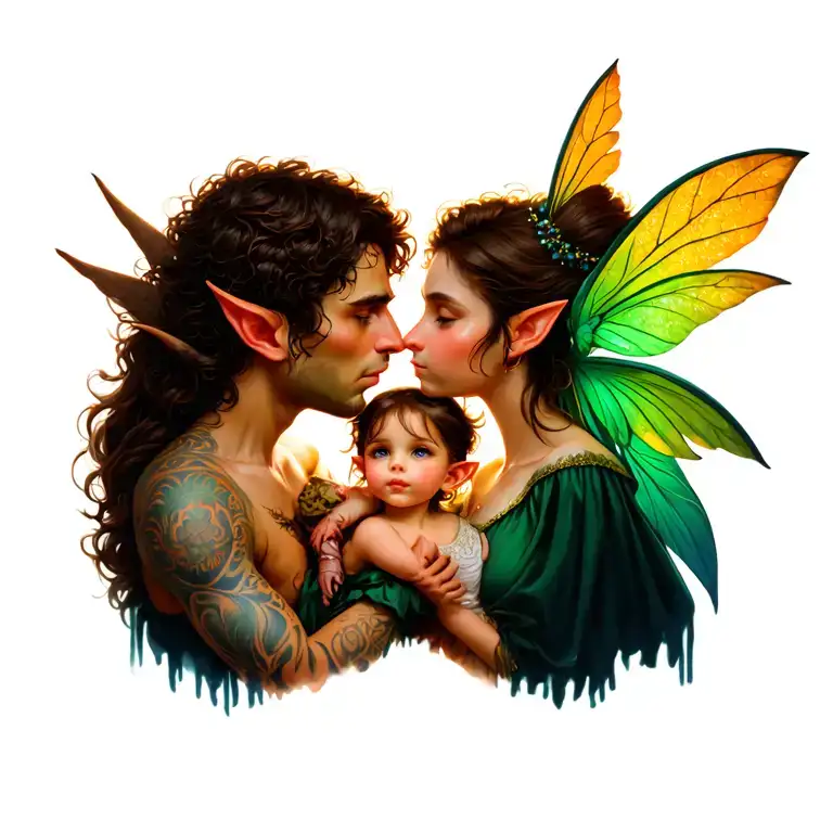 Male Elf And Female Pixie Kissing His Daughter