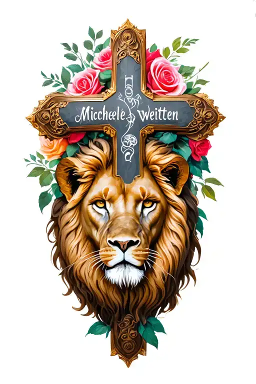 Religious Cross With Lion And Roses And My Wife's Name Michelle Weitten