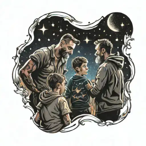 Dad And 2 Sons Looking At The Stars