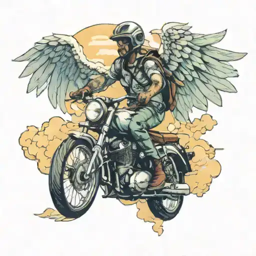 Man With Wings Riding A Street Bike Into The Gates Of Heaven