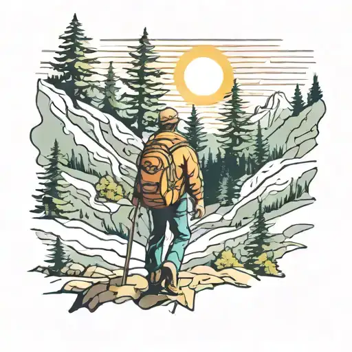 Hiker Far Away In The Mountains And Trees And Sun
