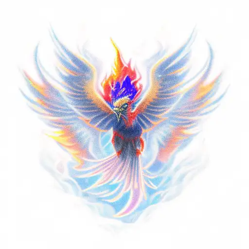 Small Stylized Pheonix Vibrant Shades Of Fire To Deep Cobalt With Wisps Of Smoke And Embers