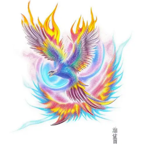 Colored Realistic Blazing Phoenix And Sakura