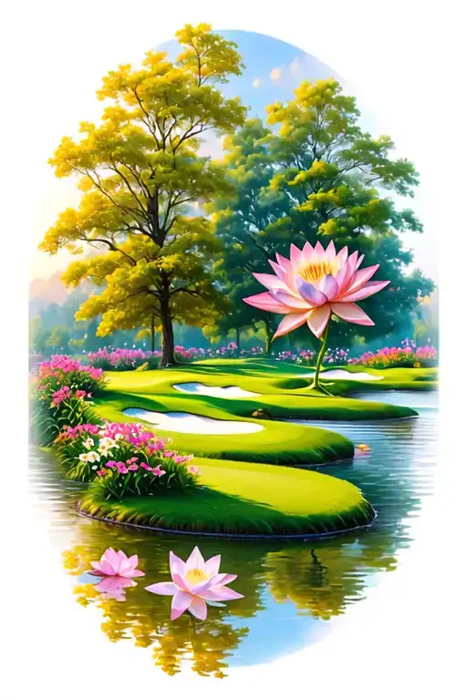Golf Course Landscape With Flowers Trees Water Lily