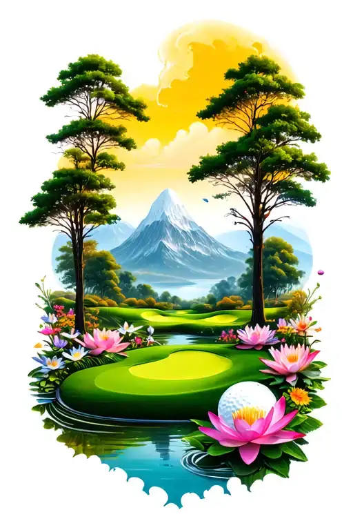 Golf Course Landscape With Golf Ball Mountain Flowers Trees Water Lily