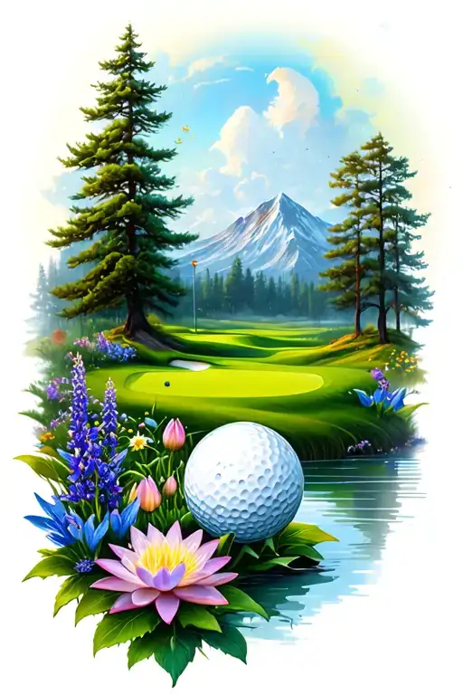 Mystical Golf Course Landscape With Golf Ball Mountain Flowers Pine Trees Water Lily Larkspur