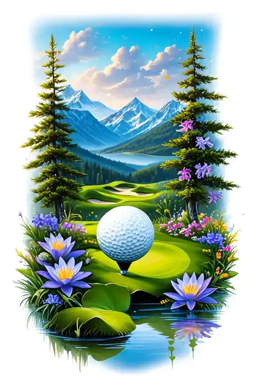 Mystical Golf Course Landscape With Golf Ball Mountain Flowers Pine Trees Water Lily Larkspur