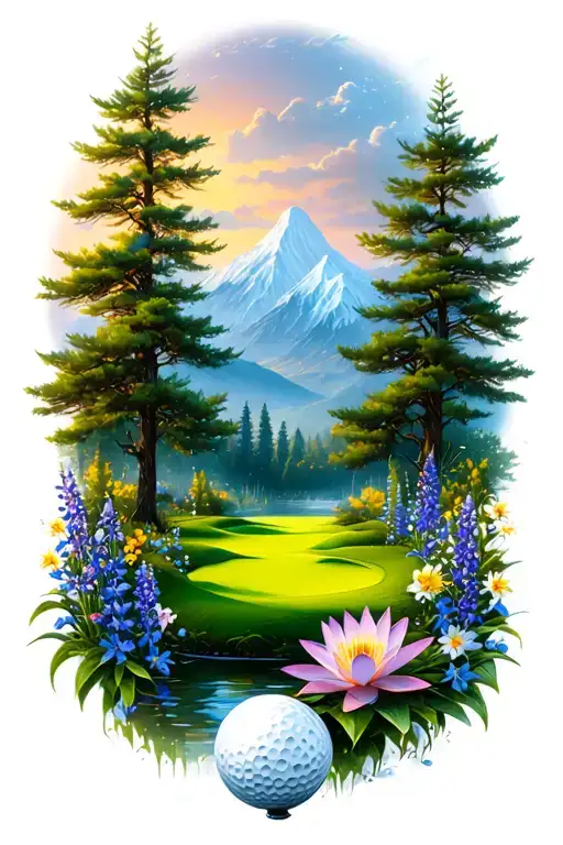 Mystical Golf Course Landscape With Golf Ball Mountain Flowers Pine Trees Water Lily Larkspur