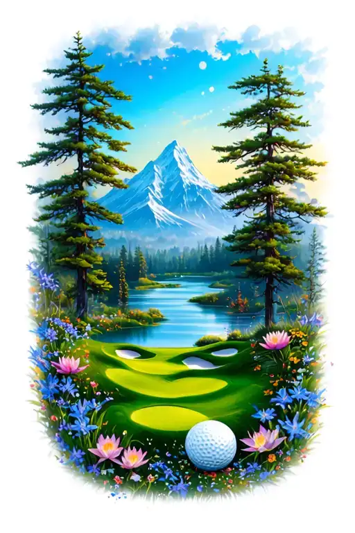 Mystical Golf Course Landscape With Golf Ball Mountain Flowers Pine Trees Water Lily Larkspur